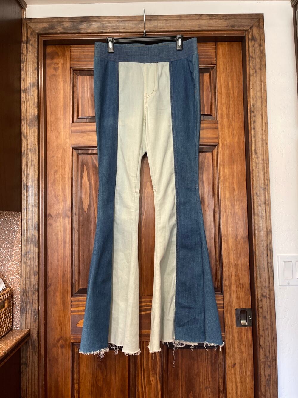 Two Tone Colorblock Flare Jeans Raw Hem Boho Medium
